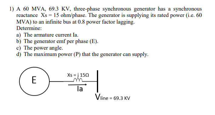 Solved 1) A 60 MVA, 69.3 KV, three-phase synchronous | Chegg.com