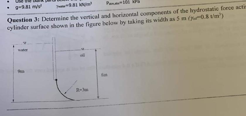 Solved Use . g=9.81 m/s2 water=9.81 kN/m2 Patm,abs=101 kPa | Chegg.com