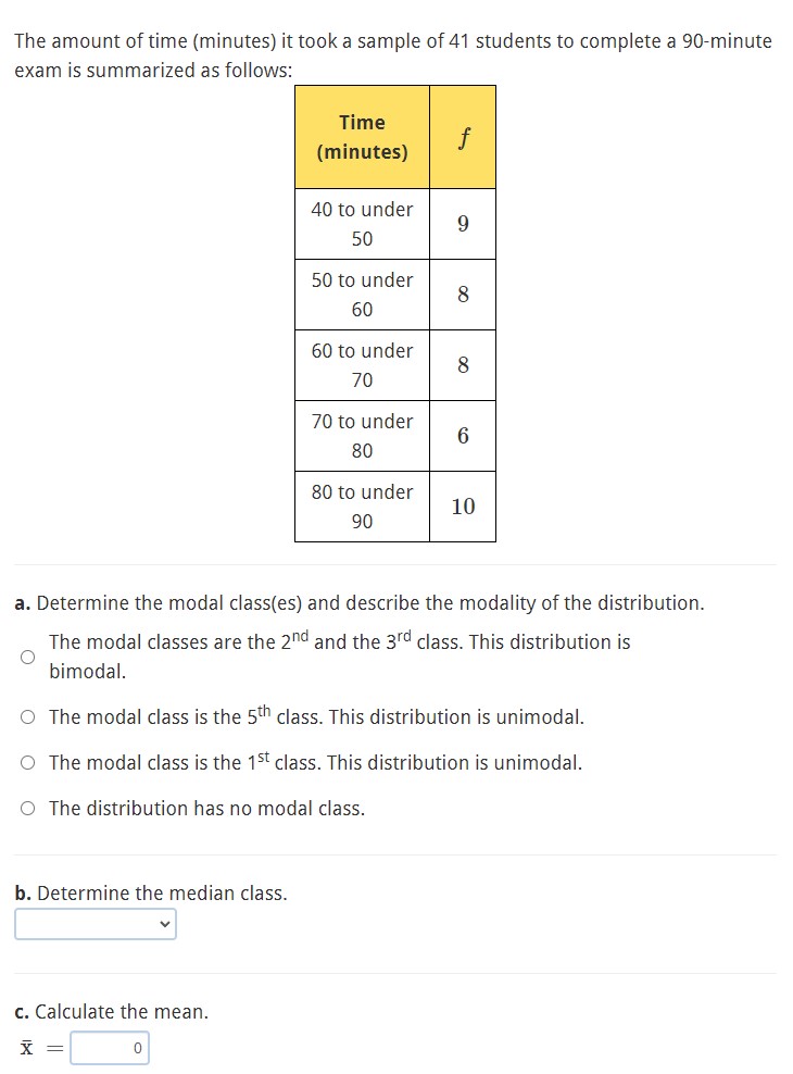 Solved The amount of ﻿time (minutes) it ﻿took a sample of 41 | Chegg.com