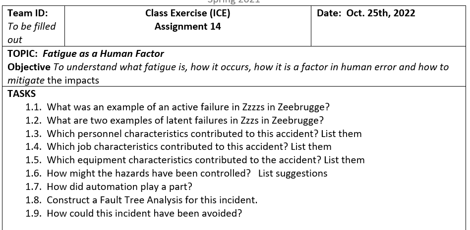 TOPIC: Fatigue as a Human Factor Objective To | Chegg.com