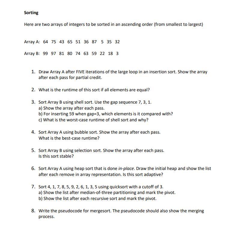 Solved Sorting Here are two arrays of integers to be sorted | Chegg.com