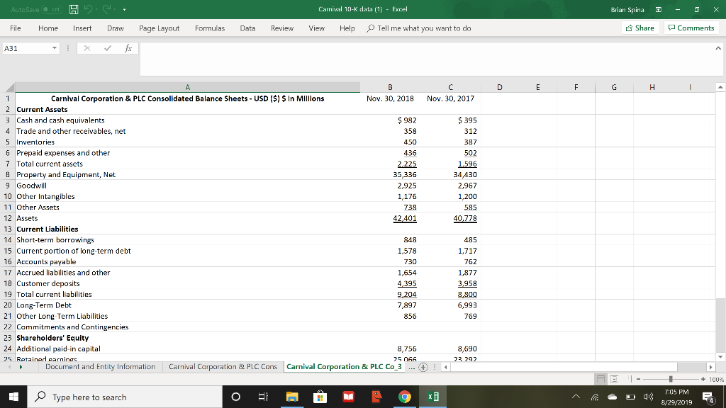 Solved Brian Spina AutoSave O Camival 10-K data (1) Excel X | Chegg.com