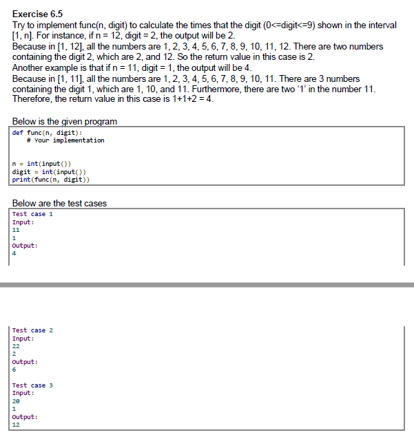 Solved Exercise 6.5 Try to implement func(n, digit) to | Chegg.com