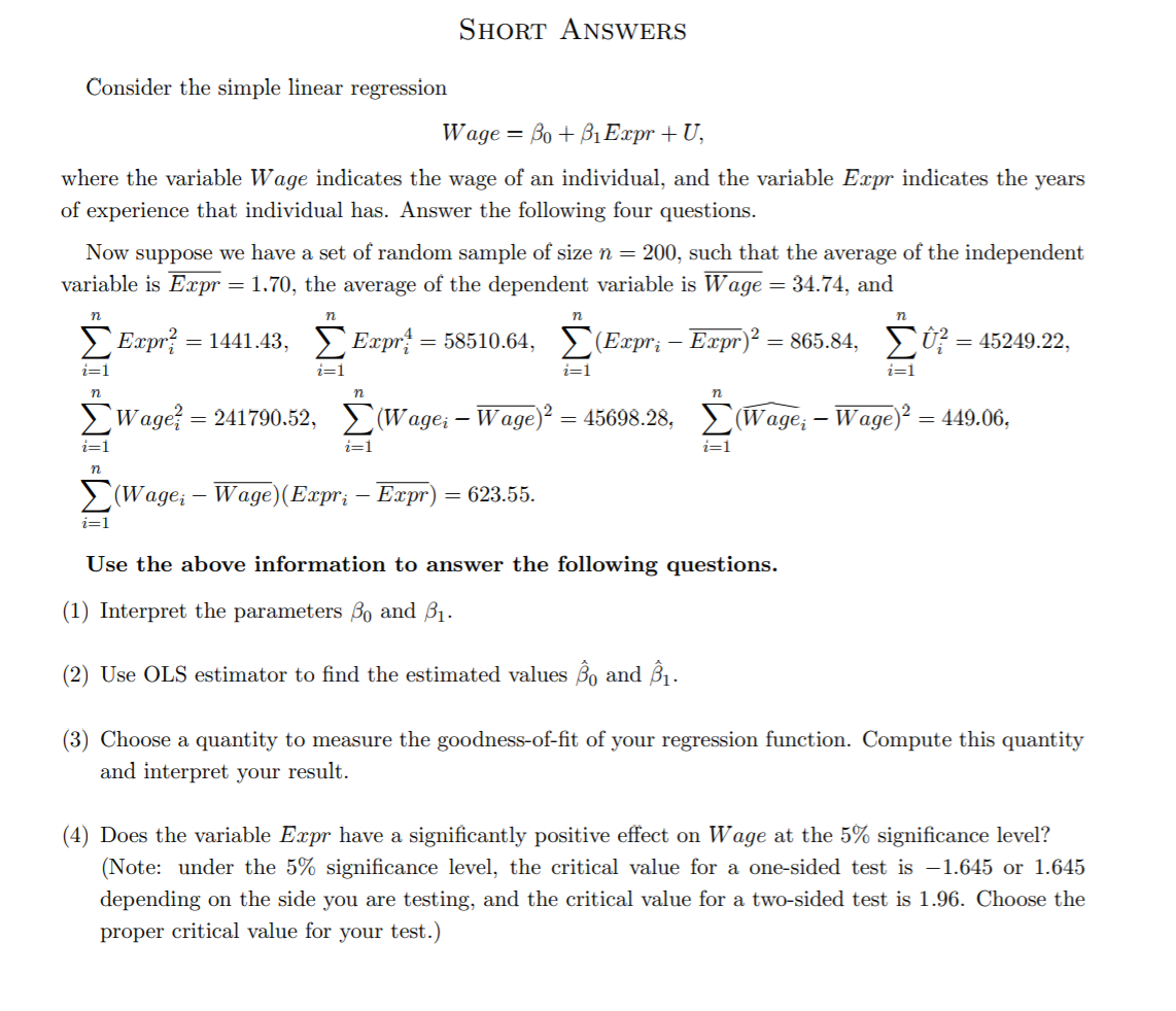 Solved SHORT ANSWERS Consider the simple linear regression | Chegg.com