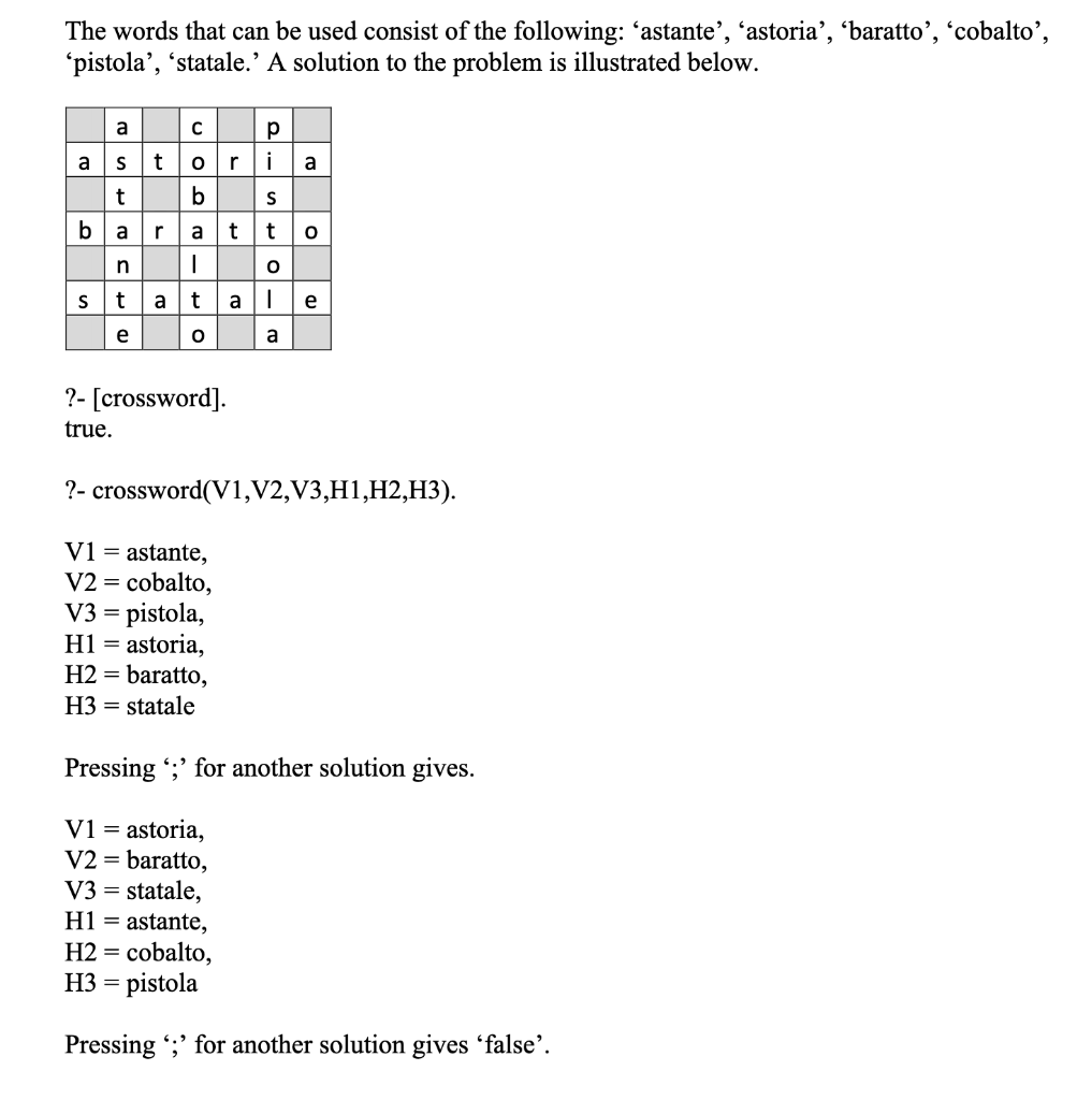 Write a prolog program that solves the crossword Chegg com