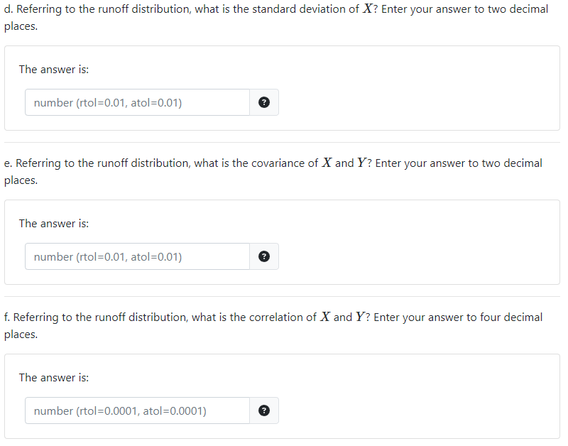 d. Referring to the runoff distribution, what is the standard deviation of \( X \) ? Enter your answer to two decimal places.