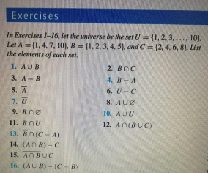 Solved Exercises In Exercises 1-16, Let The Universe Be The | Chegg.com