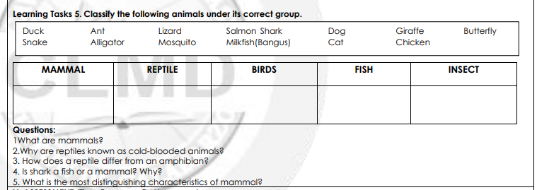 Solved Learning Tasks 5. Classify the following animals 