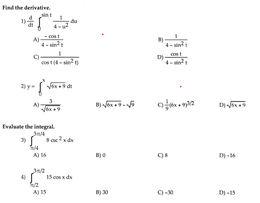 Solved Find the derivative. d sint 1 1) du dt 4-02 d - cost | Chegg.com