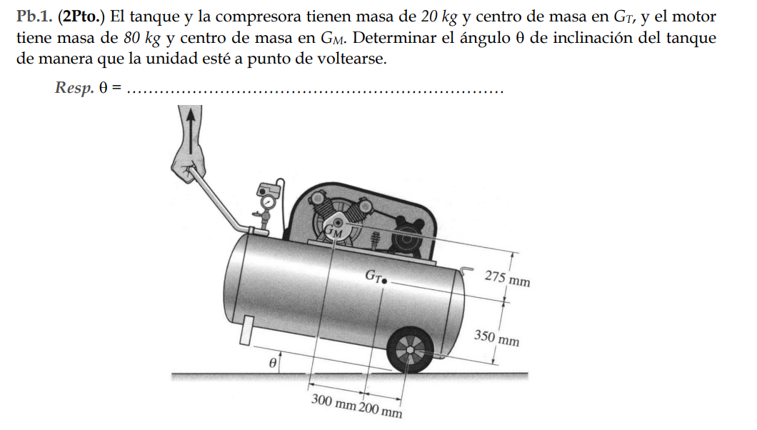 Pb.1. (2Pto.) El tanque y la compresora tienen masa de \( 20 \mathrm{~kg} \) y centro de masa en \( G_{T} \), y el motor tien