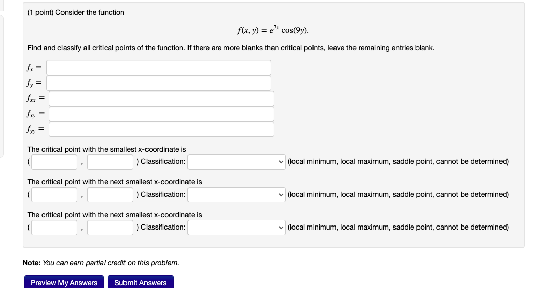 Solved (1 point) Consider the function f(x, y) = ex cos(9y). | Chegg.com