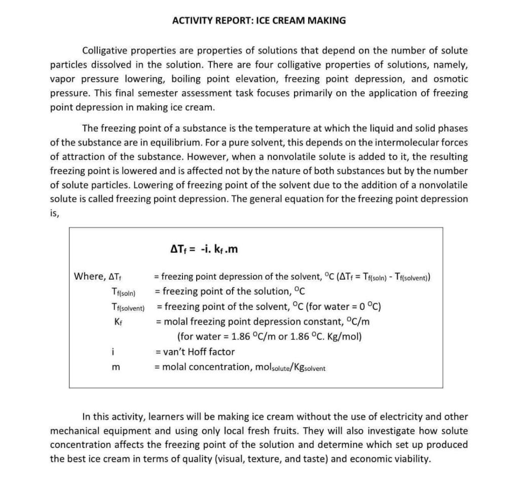Solved ACTIVITY REPORT ICE CREAM MAKING Colligative