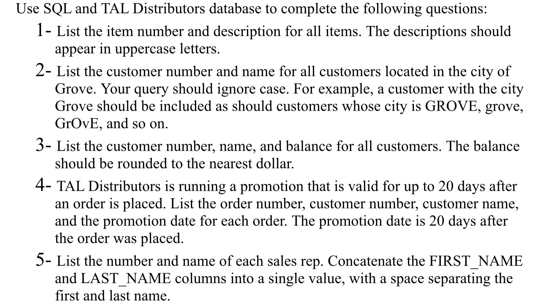 Solved Use SQL and TAL Distributors database to complete the