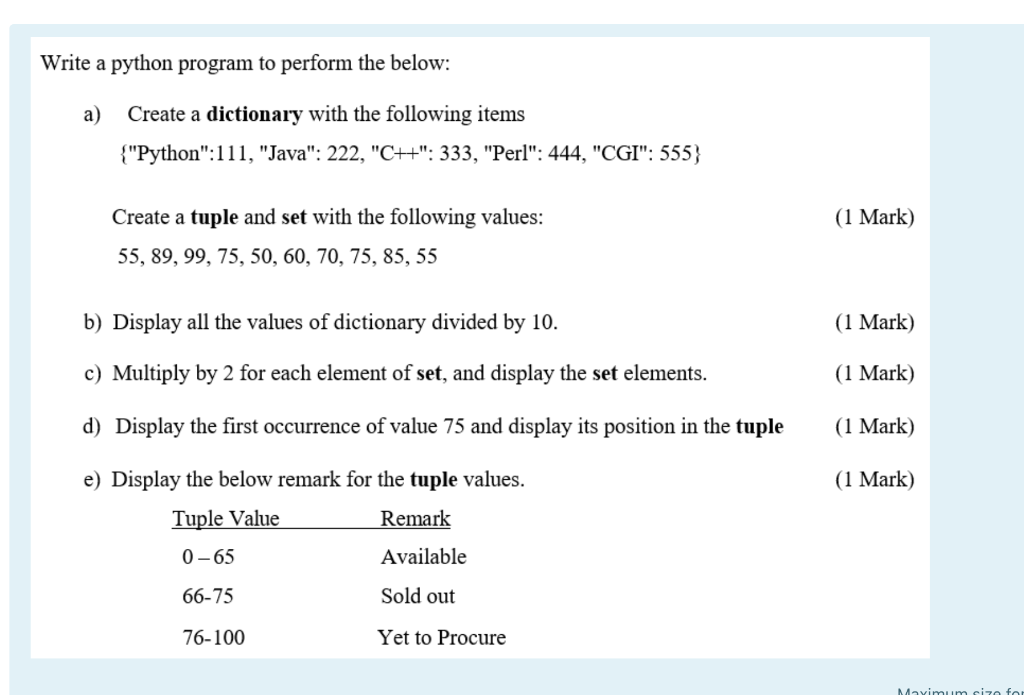 Solved Write a python program to perform the below: a Create | Chegg.com