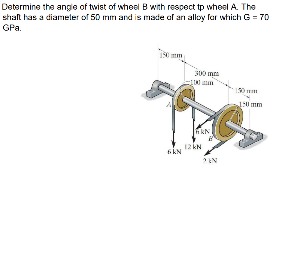 Determine the angle of twist of wheel \( B \) with respect tp wheel \( A \). The shaft has a diameter of \( 50 \mathrm{~mm} \