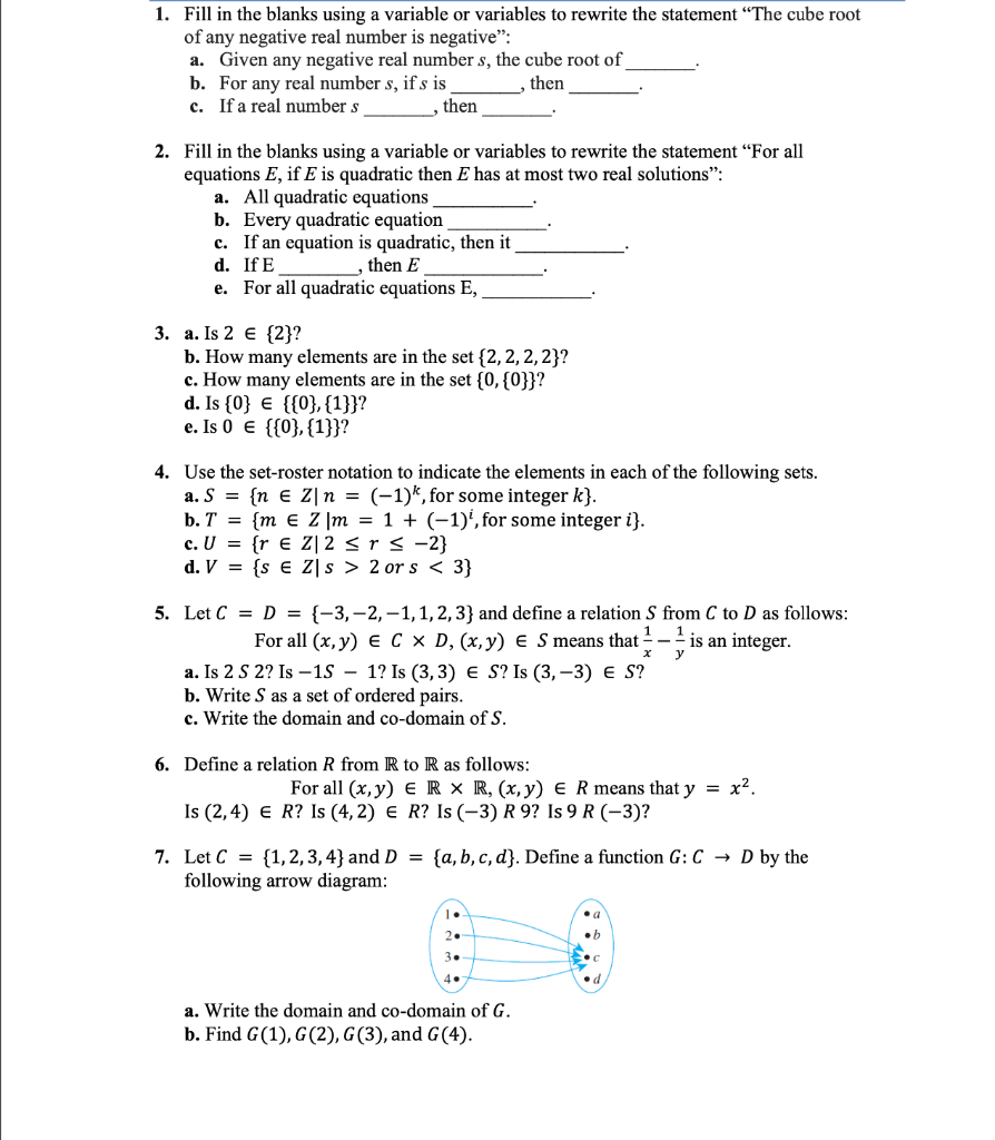 Solved 1. Fill in the blanks using a variable or variables | Chegg.com