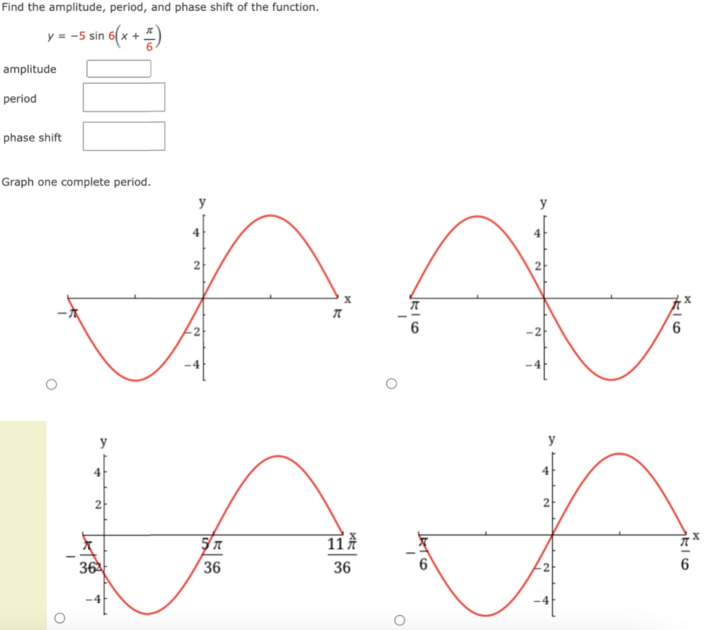 Solved Find the amplitude, period, and phase shift of the | Chegg.com