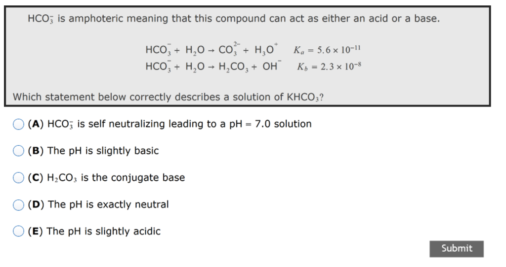 Solved HCO; is amphoteric meaning that this compound can act | Chegg.com