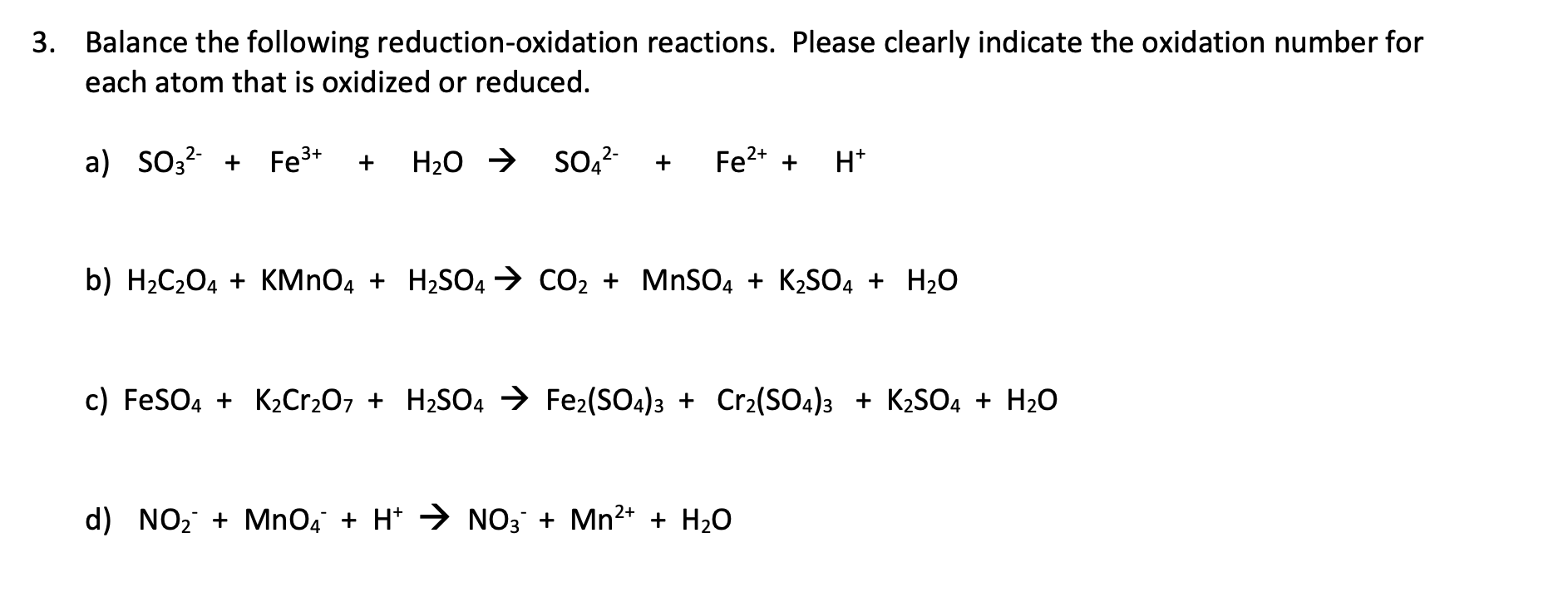 Solved 3. Balance the following reduction-oxidation | Chegg.com