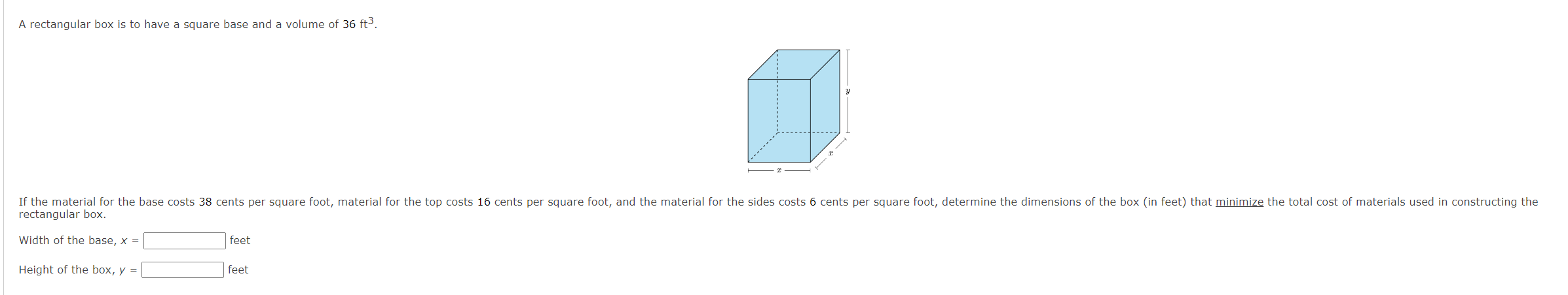 volume of rectangular box with square base