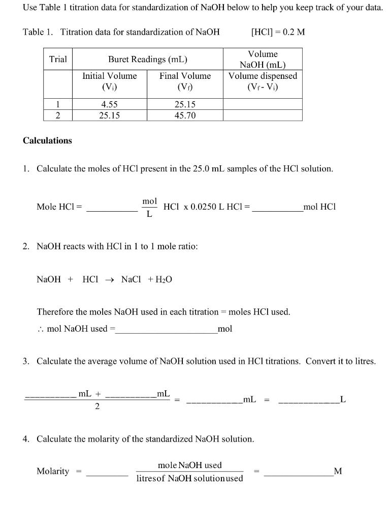 Solved Use Table 1 titration data for standardization of