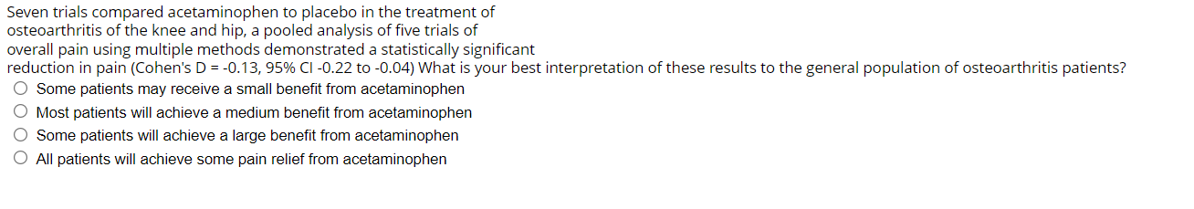 Solved Seven trials compared acetaminophen to placebo in the | Chegg.com