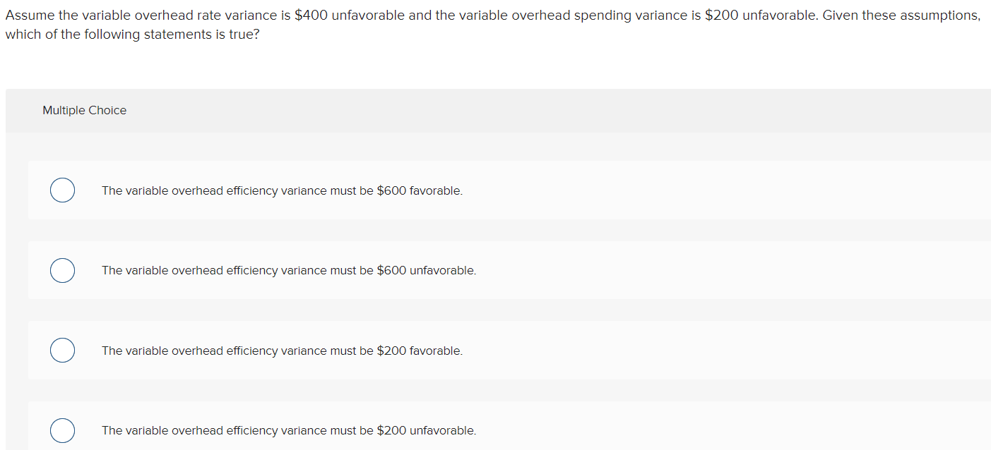 Solved assume the variable overhead rate variance is 400 chegg