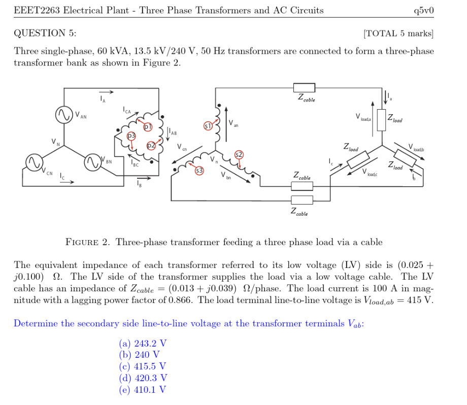 Solved q5v0 EEET2263 Electrical Plant - Three Phase | Chegg.com