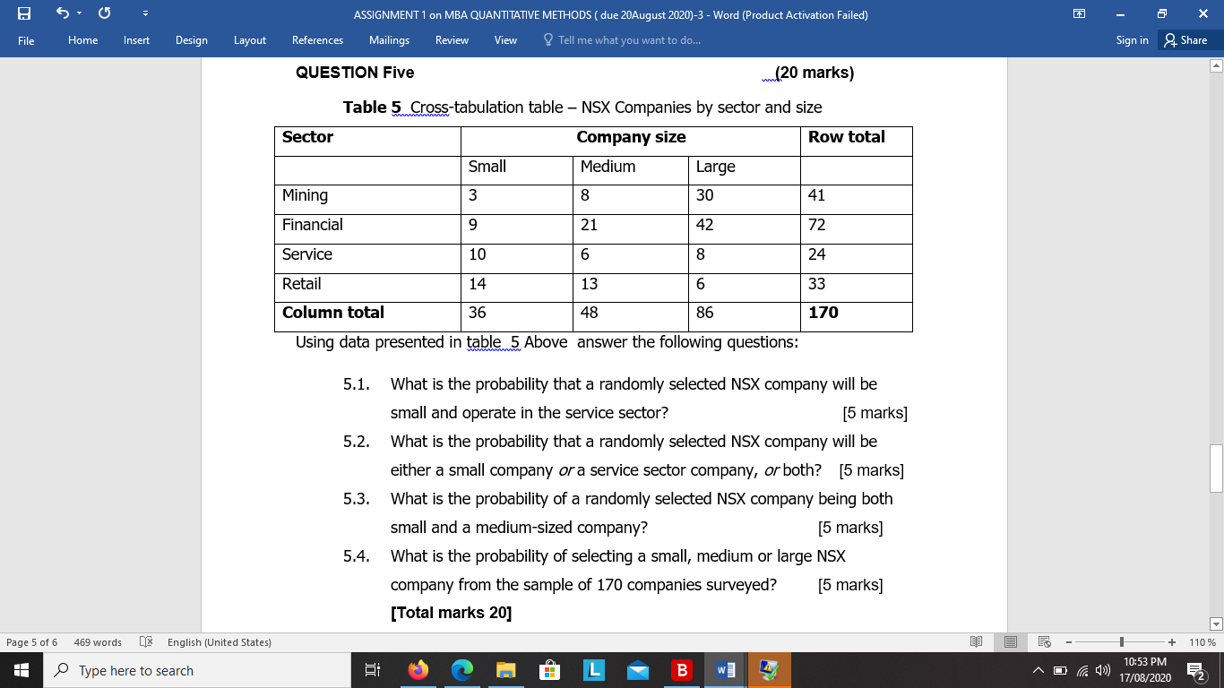 Solved X ASSIGNMENT 1 on MBA QUANTITATIVE METHODS ( due | Chegg.com