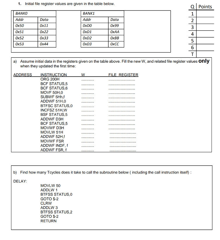 1. Initial file register values are given in the | Chegg.com