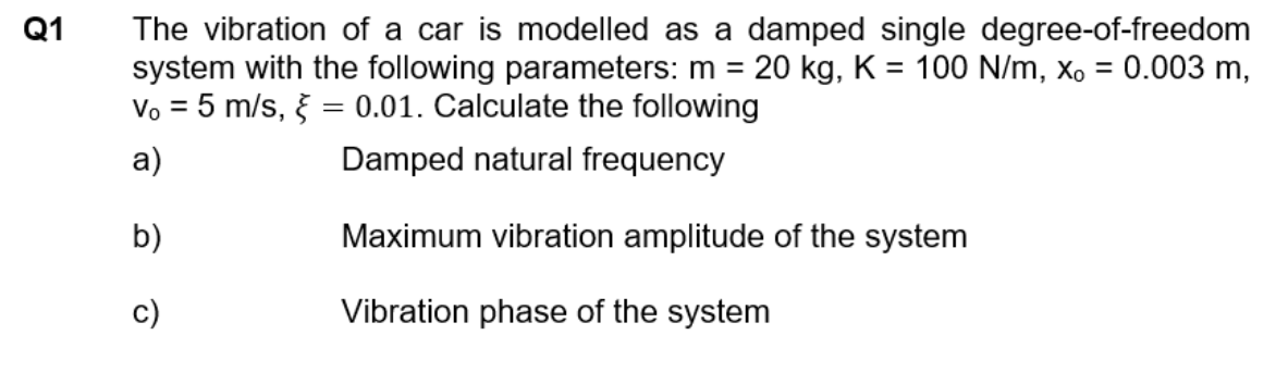 Solved Q1 = = The vibration of a car is modelled as a damped | Chegg.com