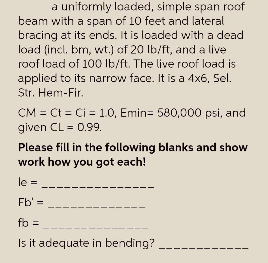 Solved a uniformly loaded, simple span roof beam with a span | Chegg.com
