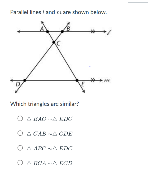 Solved Parallel lines I and m are shown below. B D Which | Chegg.com