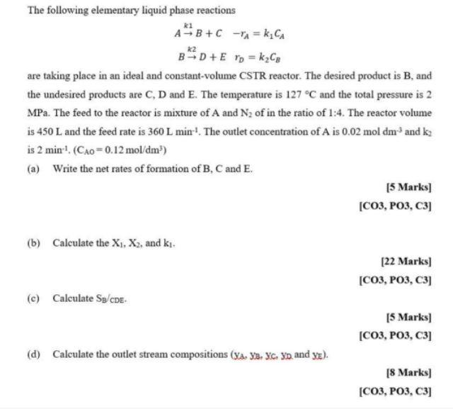 Solved The following elementary liquid phase reactions | Chegg.com