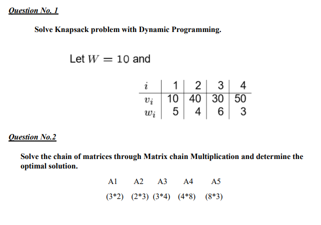 Solved Question No. 1 Solve Knapsack problem with Dynamic | Chegg.com