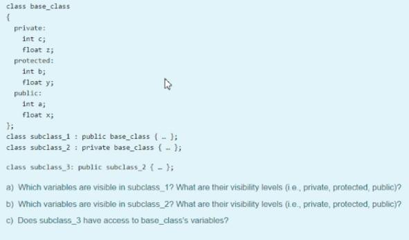 Solved class base_class { private: int float x; protected: | Chegg.com