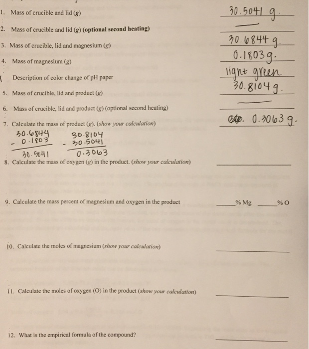 Solved 1. Mass of crucible and lid (g) 2. Mass of crucible
