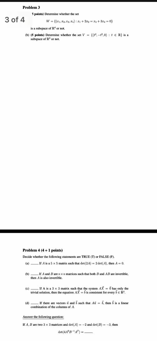 Solved Problem 3 5 points) Determine whether the set W = | Chegg.com