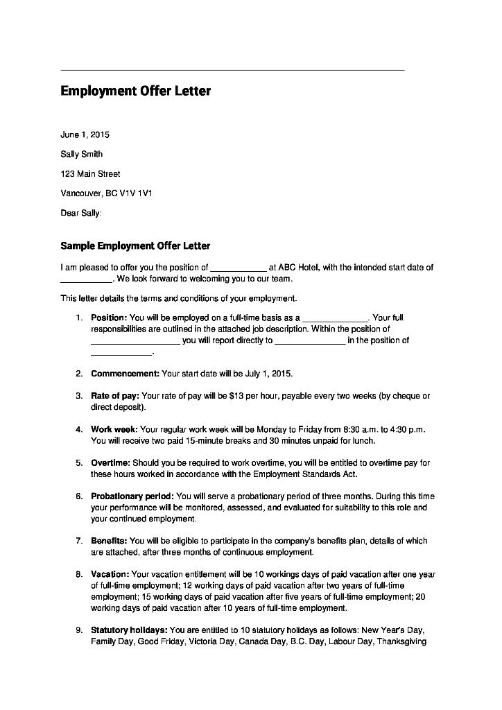 Employment Offer Letter June 1, 2015 Sally Smith 123 | Chegg.com