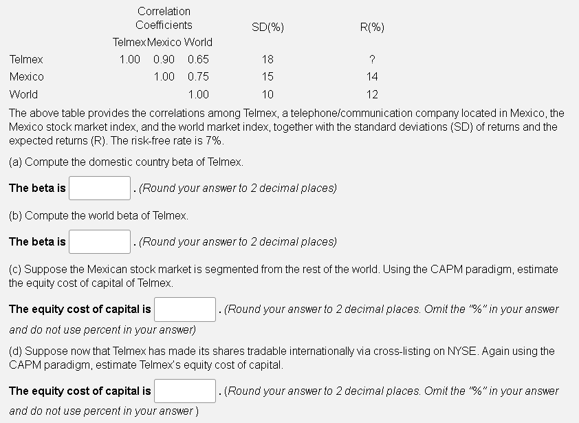 Solved Correlation Coefficients Sd R Telmex Mexico Chegg Com