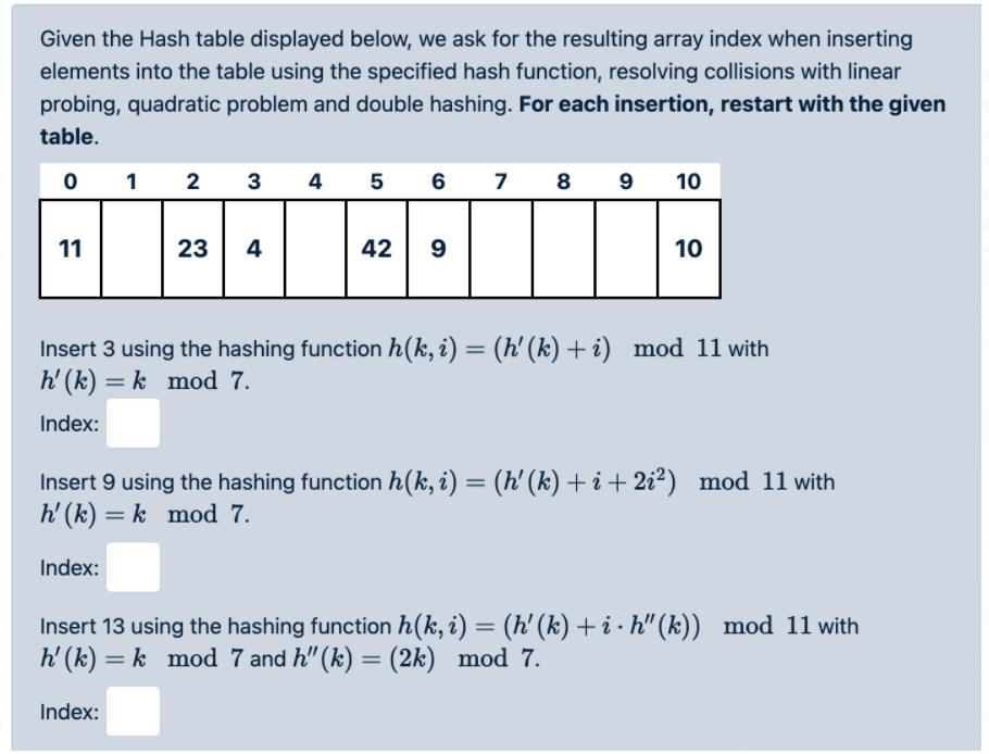 Solved Given the Hash table displayed below, we ask for the | Chegg.com