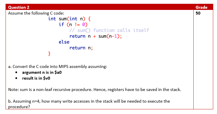 Solved a. Convert the C code into MIPS assembly assuming: - | Chegg.com