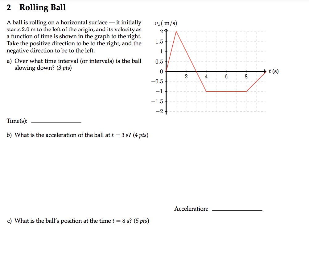 A ball is rolling on a horizontal surface - it initially starts \( 2.0 \mathrm{~m} \) to the left of the origin, and its velo