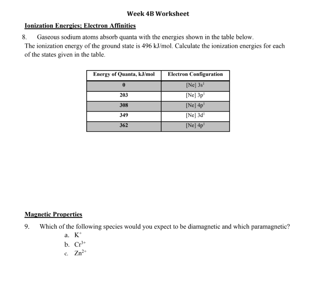 Solved Week 4B Worksheet Ionization Energies; Electron | Chegg.com