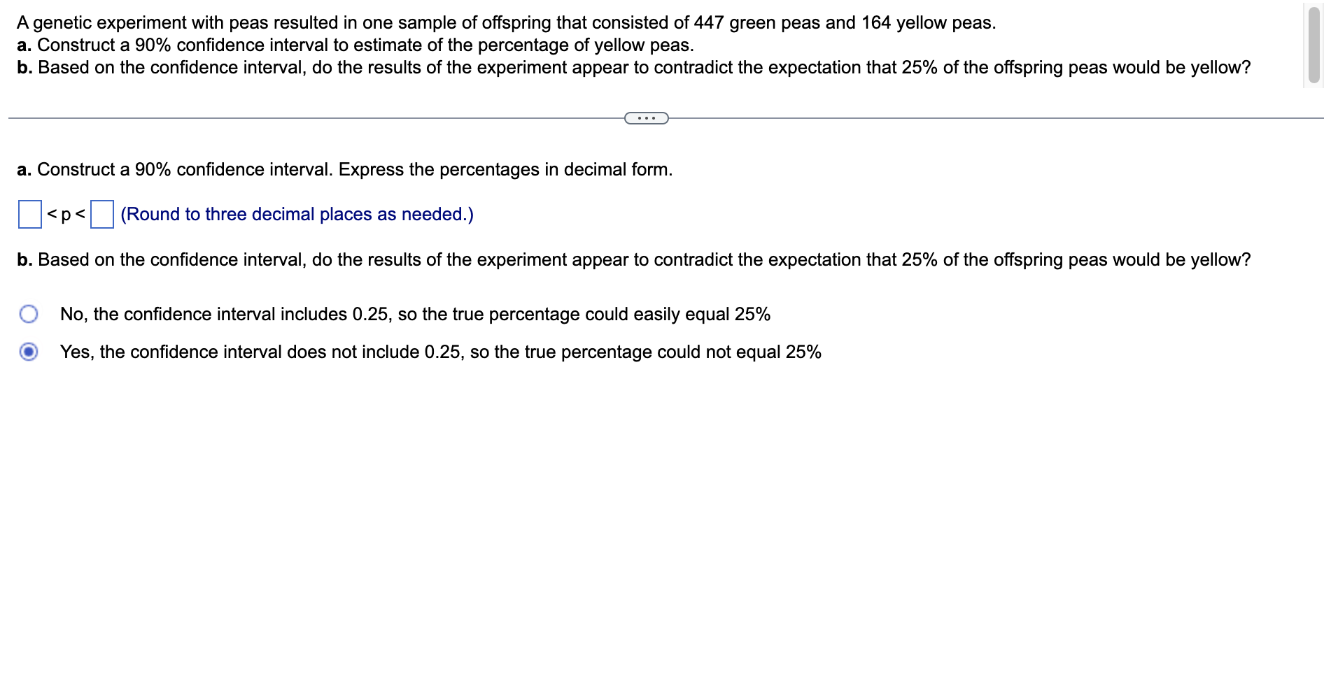 Solved A genetic experiment with peas resulted in one sample | Chegg.com