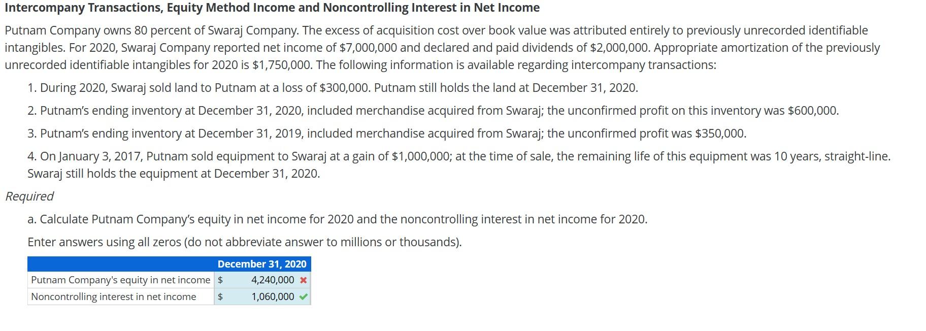 Solved Intercompany Transactions, Equity Method Income and | Chegg.com