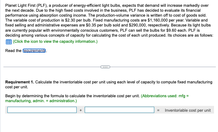 Solved Planet Light First (PLF), a producer of | Chegg.com