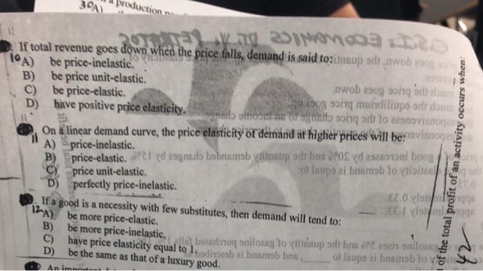 Solved a production If total revenue goes down when the | Chegg.com
