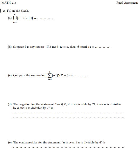 Solved Math 213 Final Assessmen 2 Fill In The Blank A Chegg Com