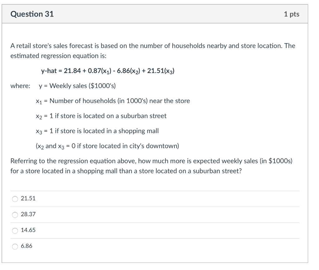 Solved Question 31 1 pts A retail store's sales forecast is | Chegg.com